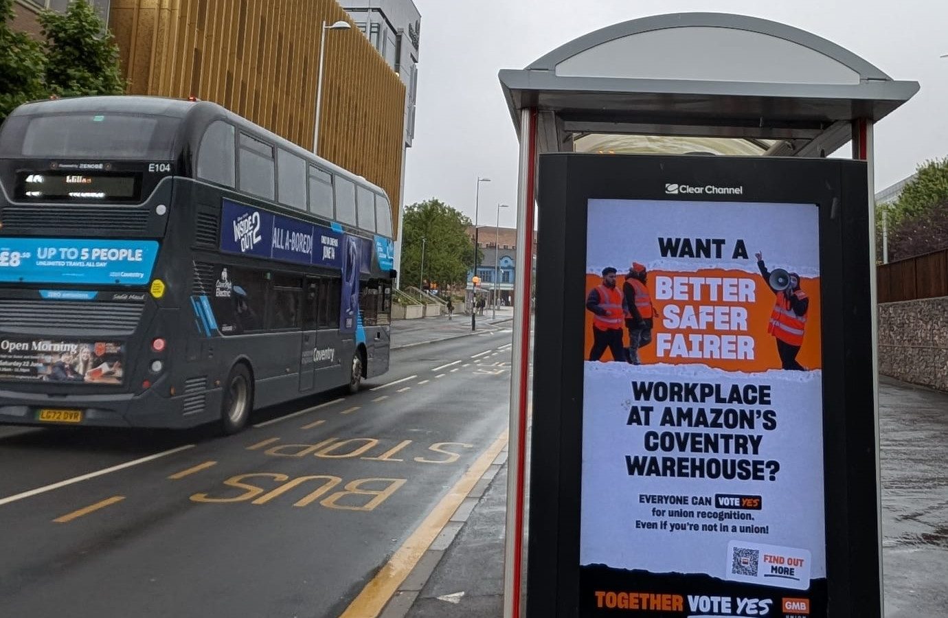 Crowdfunded advert on a bus stop in Coventry